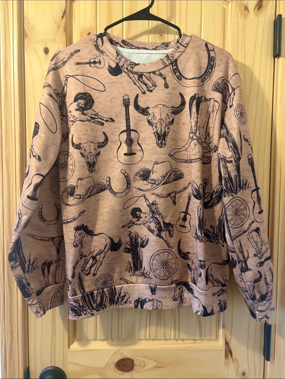Men's Western Print Crewneck Sweater - Dusty Pink